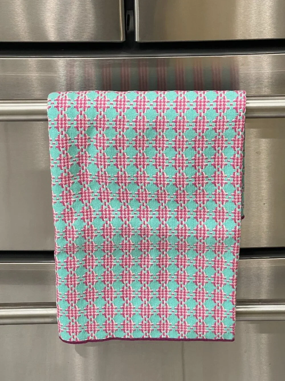 Anthropologie Aqua Pink Woven Geo Kitchen Towel -NEW - Theme: Textile Candy